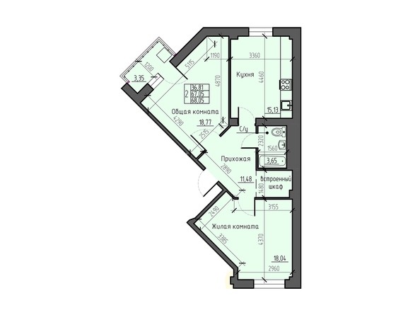Планировка двухкомнатной квартиры 68,05 кв.м