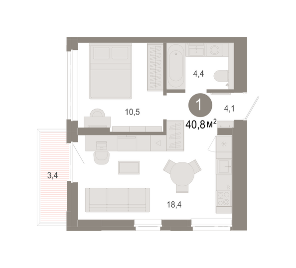 Планировка 1-комн 40,77 м²