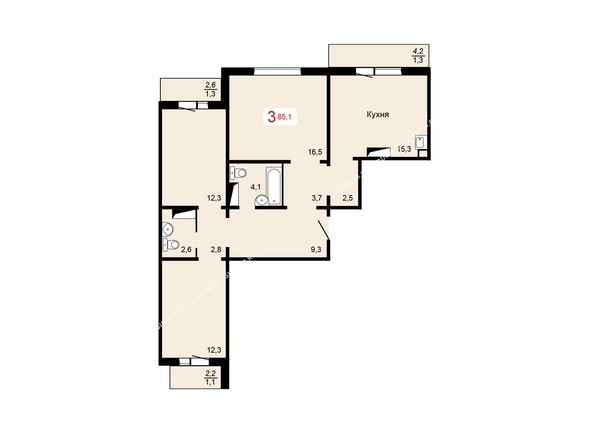 3 блок-секция. Планировка трехкомнатной квартиры 85,1 кв.м