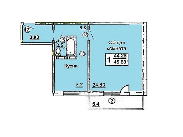 Планировка однокомнатной квартиры 45,88 кв.м
