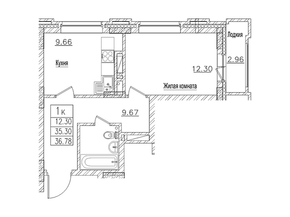 Планировка 1-комн 35,3, 36,78 м²