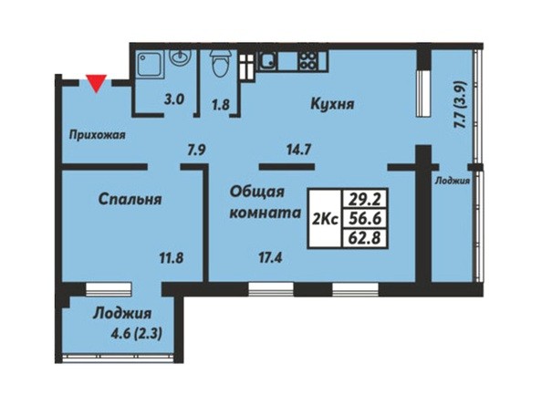 Планировка 2-комнатной квартиры 62,8 кв.м