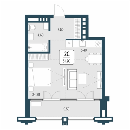 Планировка 2-комн 51,2 м²