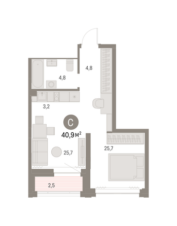 Планировка Студия 40,54 - 40,89 м²