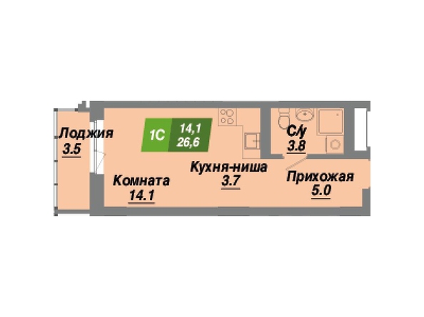 Планировка 1-комн 26,6 м²