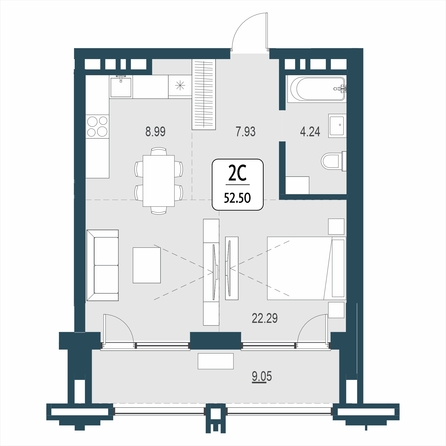 Планировка 2-комн 52,5 м²