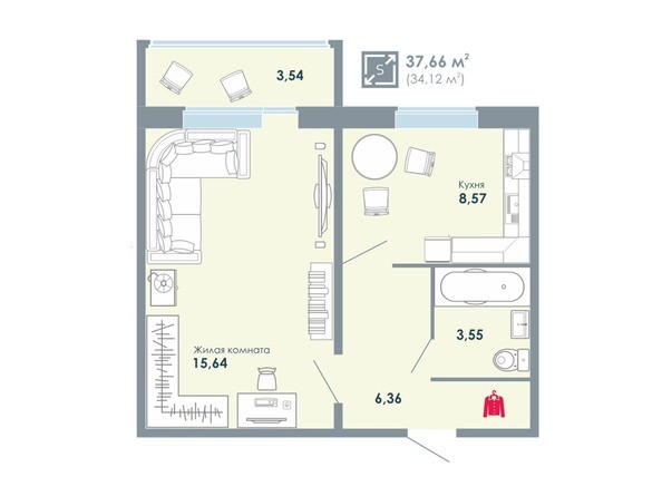 Планировка 1-комнатной квартиры 37,66 кв.м