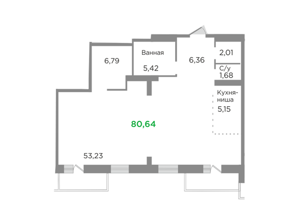 Планировка однокомнатной квартиры формата хайфлэт 80,64 кв.м