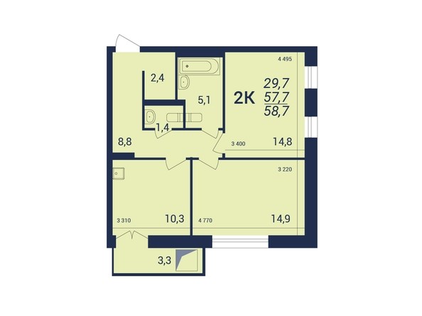 Планировка 2-комнатной квартиры 58,7 кв.м
