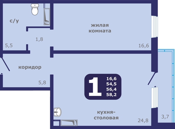 Планировка 1-комн 58,2 м²
