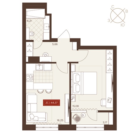 Планировка 2-комн 44,48 - 44,92 м²
