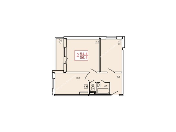 Планировка двухкомнатной квартиры 56,4 кв.м. Этажи 10-16
