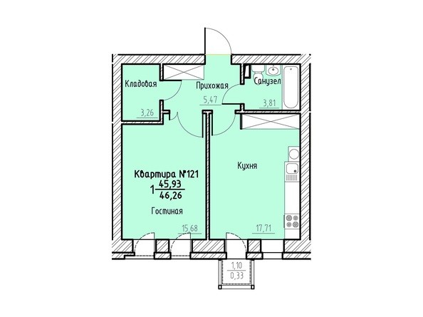 Планировка однокомнатной квартиры 46,22 кв.м