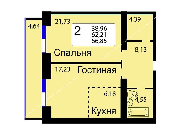 Б/С - 14. Планировка двухкомнатной квартиры 66,85 кв.м. Этажи 10-16.