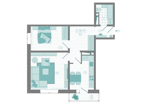 Планировка 2-комн 58,4 м²