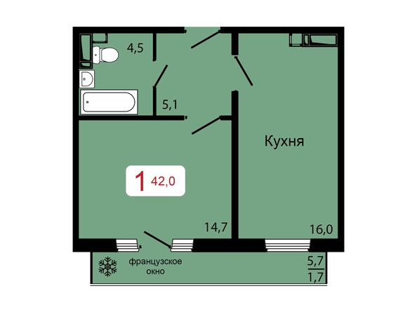 Планировка 1-комн 42 м²