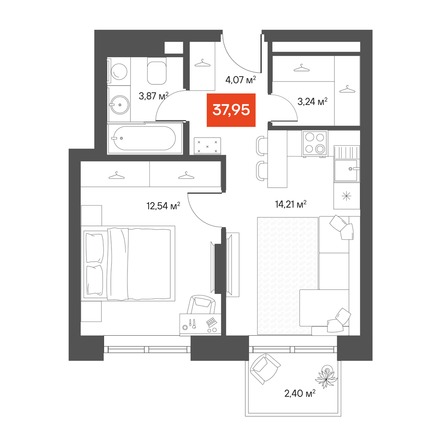 Планировка 1-комн 37,65 м²