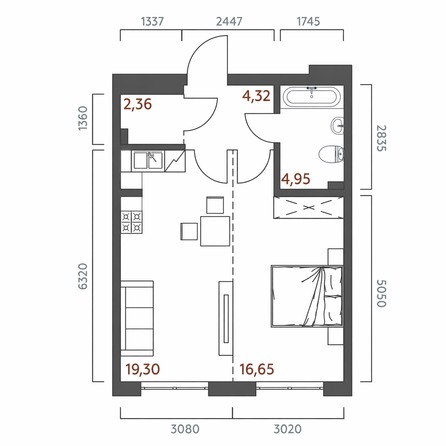 Планировка 1-комн 47,58 м²