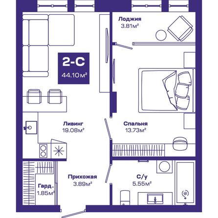 Планировка 2-комн 44,1 м²