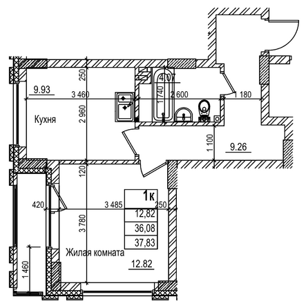 Планировка 1-комн 36 м²
