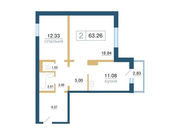 Планировка двухкомнатной квартиры 63,26 кв.м