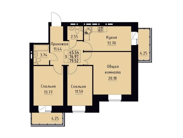 Планировка трехкомнатной квартиры 79,52 кв.м