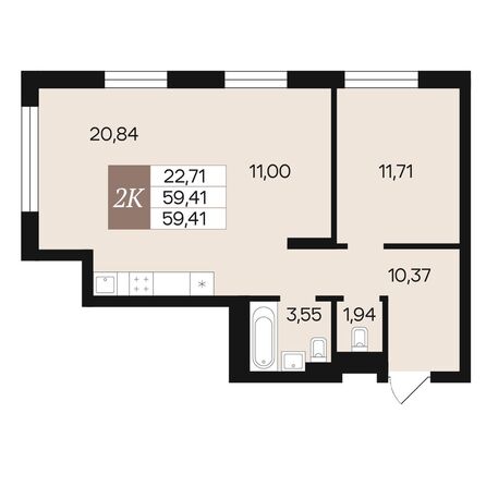Планировка 2-комн 59,41, 59,69 м²