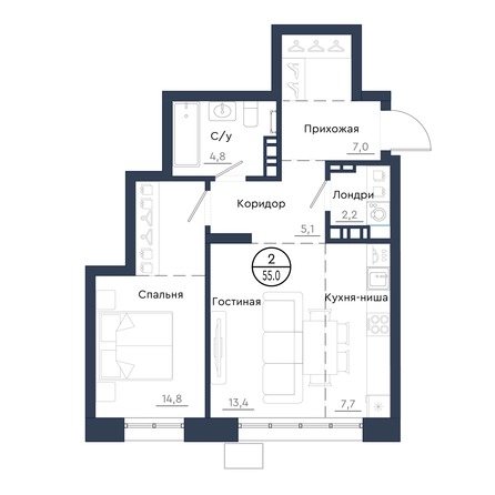 Планировка 2-комн 55 м²