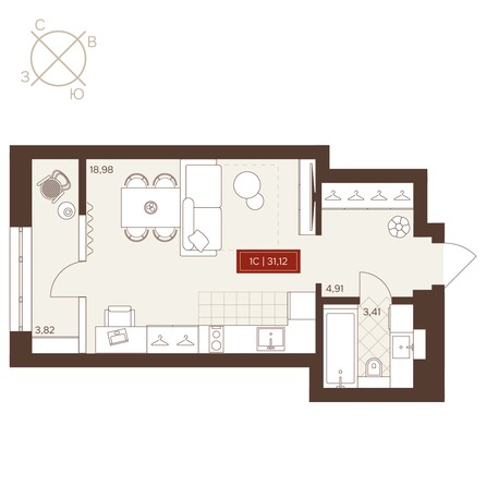 Планировка Студия 31,12, 31,34 м²