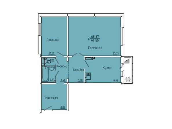 Планировка двухкомнатной квартиры 69,55 кв.м