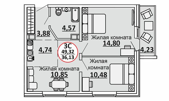 3-комнатная 51,44 кв.м