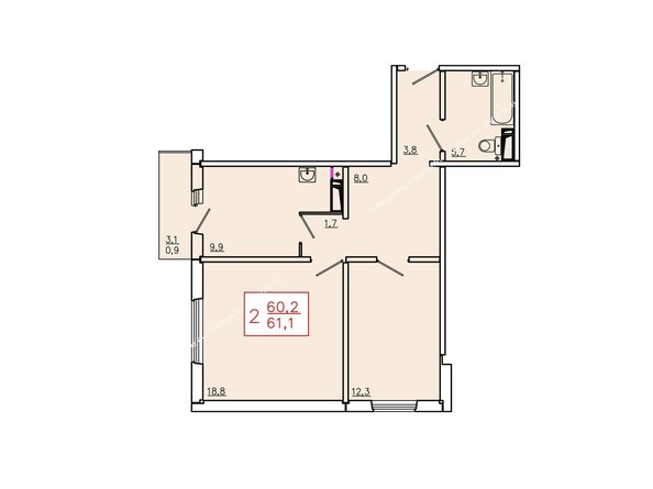 Планировка двухкомнатной квартиры 61,1 кв.м. Этаж 17.