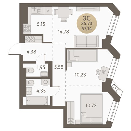 Планировка 3-комн 57,14, 57,22 м²