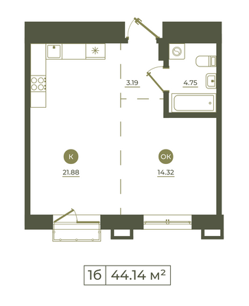Планировка 1-комн 44,14, 44,3 м²