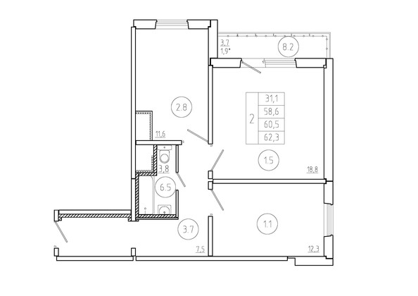 Планировка 2-комн 60,5 м²