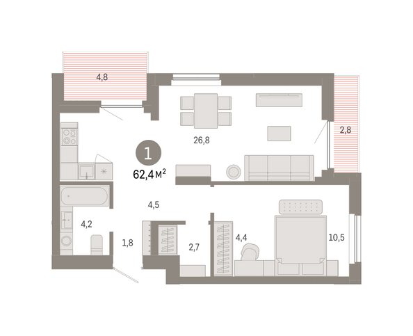 Планировка 1-комн 62,42, 62,43 м²