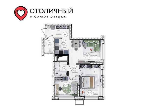 Планировка 3-комн 62,1 м²