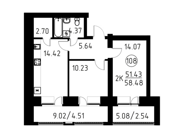 Планировка 2-комн 58,48 м²