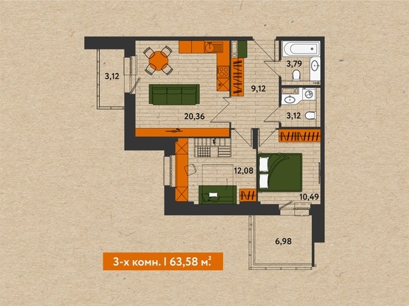 3-комнатная 63,58 кв.м