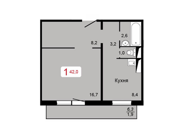 1-комнатная 42 кв.м