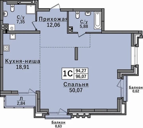 Планировка Студия 96,8 - 97,7 м²