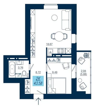 Планировка 2-комн 43,58 м²