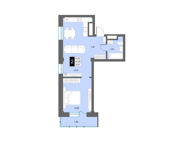 Планировка 2-комн 43,57 м²