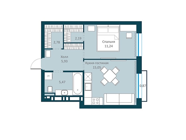 Планировка 1-комн 42,66, 43,22 м²