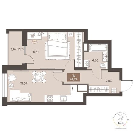 Планировка 1-комн 44,24 м²
