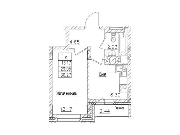 Планировка 1-комн 29 м²