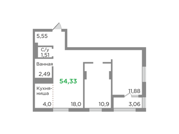 Планировка трехкомнатной квартиры 54,33 кв.м