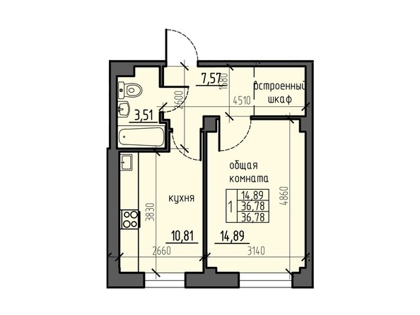 Планировка однокомнатной квартиры 36,78 кв.м