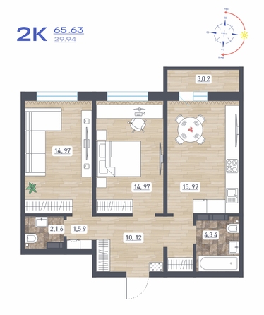 Планировка 2-комн 65,63, 65,7 м²