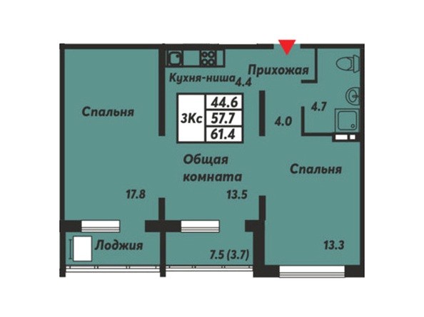 Планировка 3-комнатной квартиры 61,4 кв.м